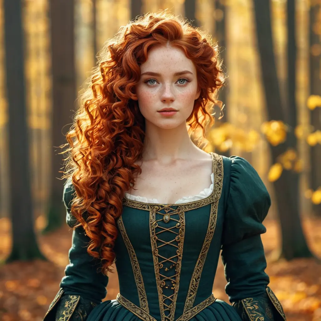 The sun, the autumn forest, fantastic beauty. Curls. Ultra-detailed medieval clothing, Freckles, Red Hair, Bright