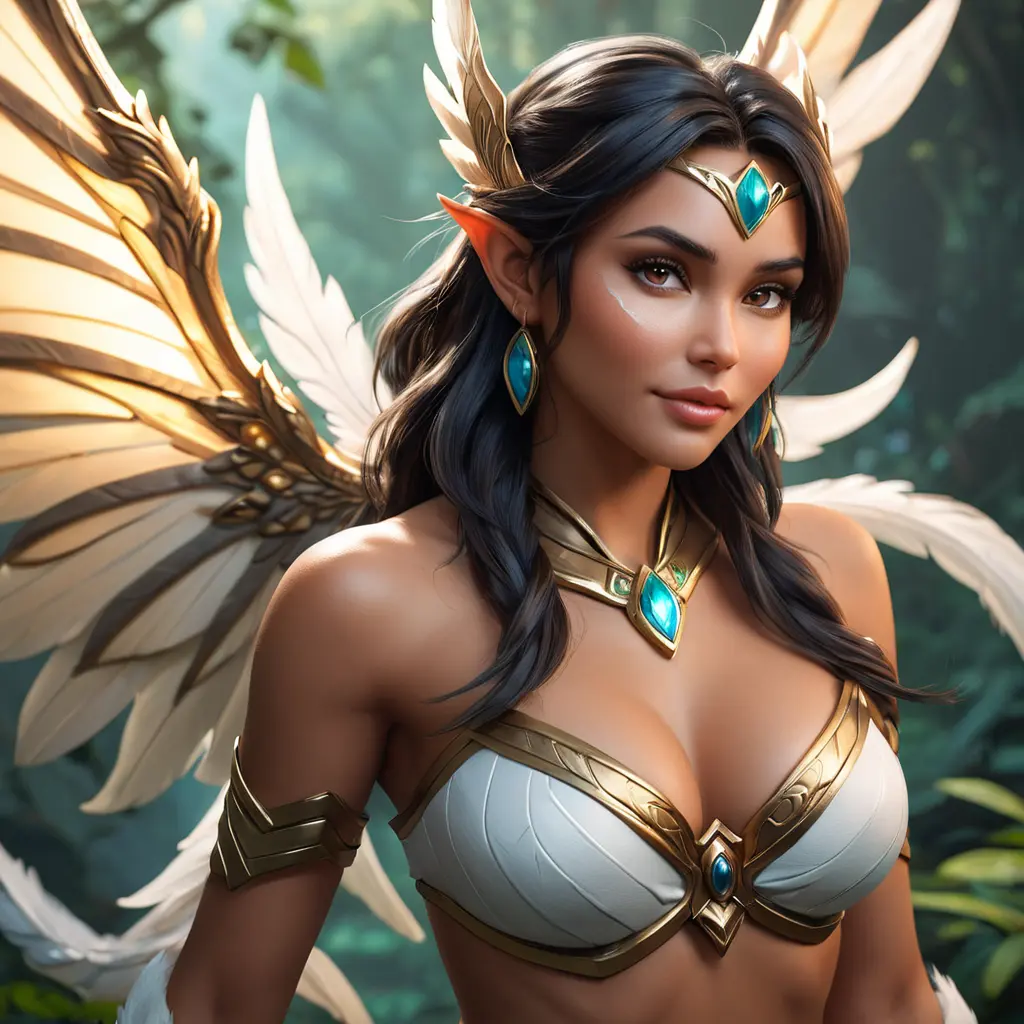 Alluring matte portrait of a beautiful Nidalee with wings, 8k, Highly Detailed, Intricate, Half Body, Realistic, Sharp Focus, Volumetric Lighting, Fantasy, Elegant by Stanley Artgerm Lau, WLOP