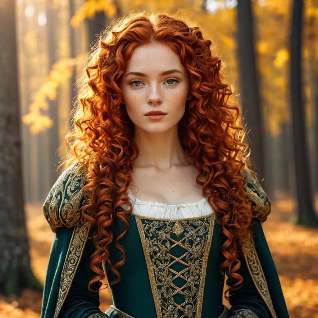 The sun, the autumn forest, fantastic beauty. Curls. Ultra-detailed medieval clothing, Freckles, Red Hair, Bright