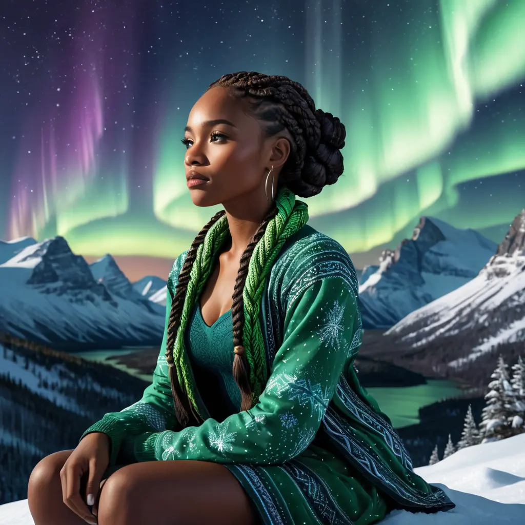 A detailed digital art of a woman with African features and beautiful braided hairstyle, sitting under the Northern Lights, surrounded by snowy landscapes, Highly Detailed, Intricate, Half Body, Realistic