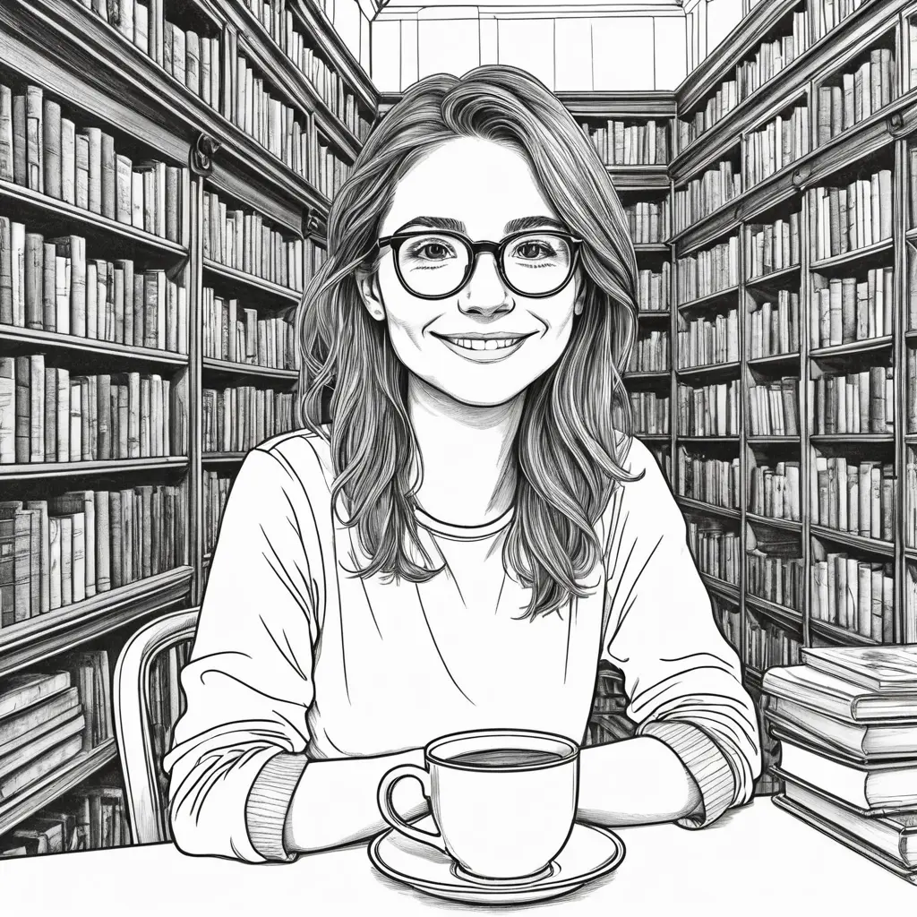 A minimalist line art drawing of a woman with glasses and a kind smile, holding a cup of coffee while sitting quietly in an antique bookstore, Highly Detailed, Intricate, Half Body, Realistic