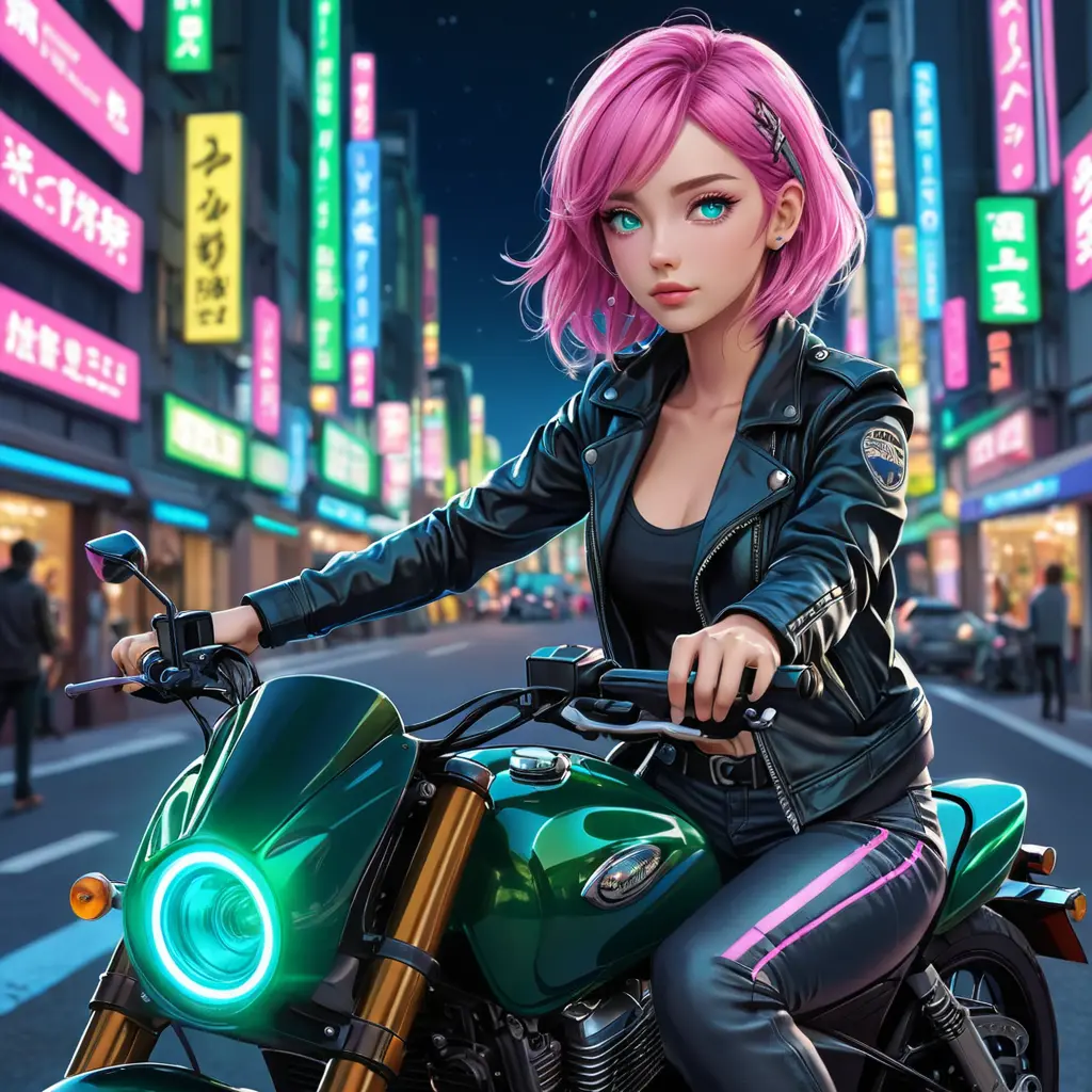 An anime-style illustration of a woman with pink hair and heterochromatic eyes (one blue, one green), riding her motorcycle through neon-lit city streets at night, Highly Detailed, Intricate, Half Body, Realistic