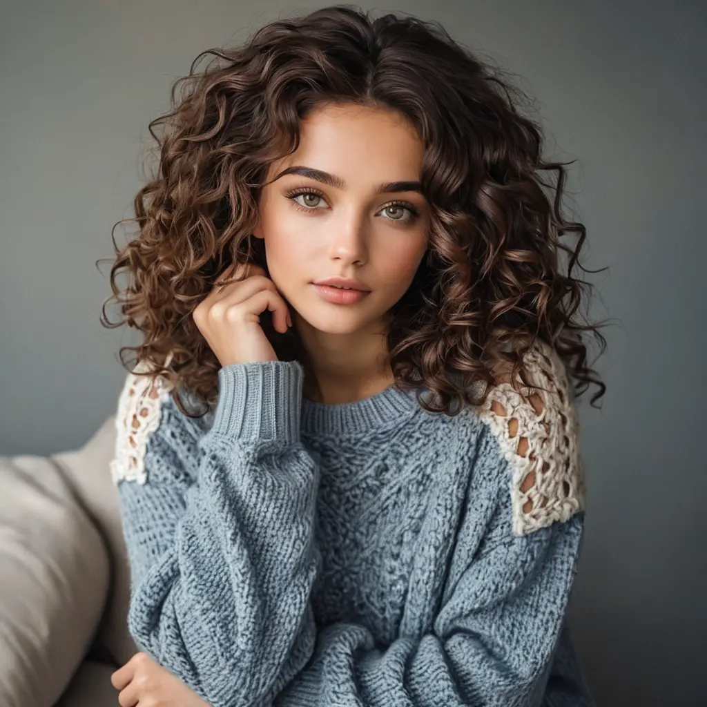 A gorgeous woman with curly dark brown hair and warm hazel eyes, wearing a cozy sweater and distressed denim, Highly Detailed, Half Body, Gorgeous, Stunning, Elegant