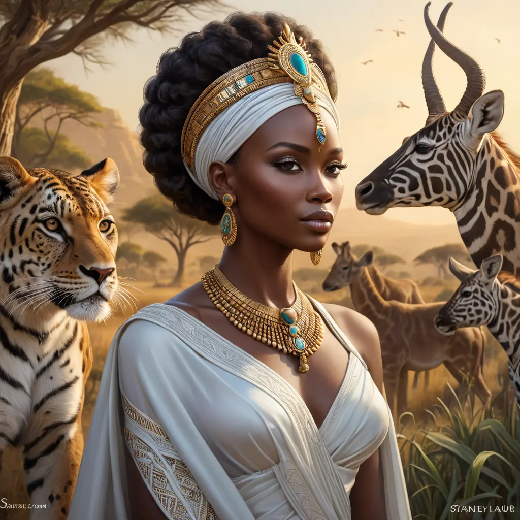 An elegant queen from ancient Africa, surrounded by wildlife in her kingdom, Highly Detailed, Half Body, Gorgeous, Stunning, Elegant by Stanley Artgerm Lau