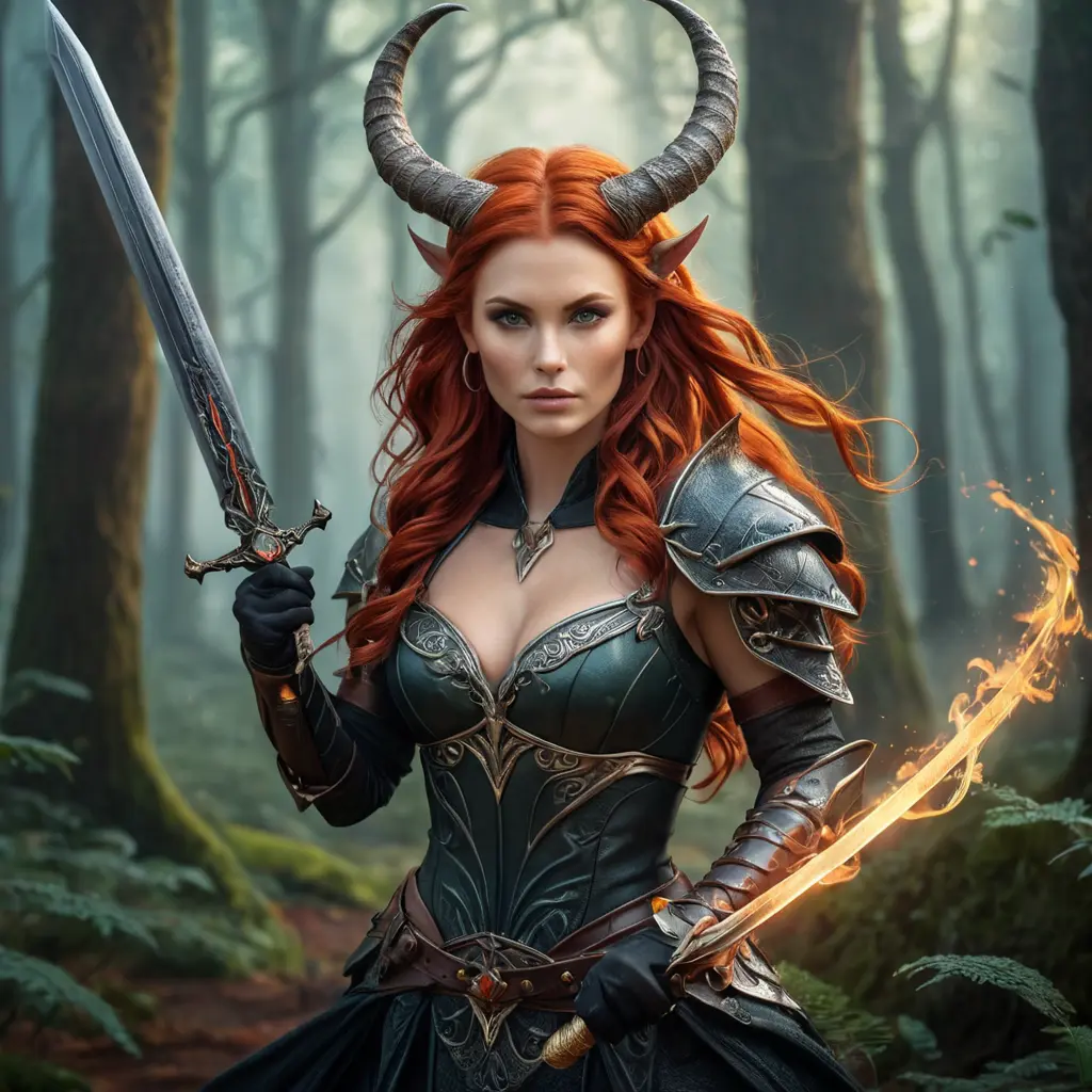 A gorgeous woman with horns and fiery red hair, wielding a sword in a mystical forest, Highly Detailed, Half Body, Gorgeous, Stunning, Elegant