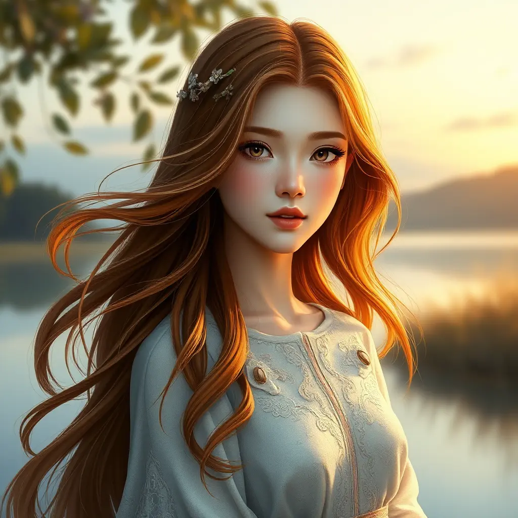 A serene beauty with almond-shaped eyes and flowing chestnut hair, standing by a tranquil lake at dawn, Highly Detailed, Half Body, Gorgeous, Stunning, Elegant by Stanley Artgerm Lau