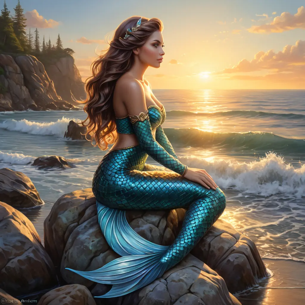 A mystical mermaid sitting on a rock by the shore at sunset, Highly Detailed, Half Body, Gorgeous, Stunning, Elegant by Stanley Artgerm Lau