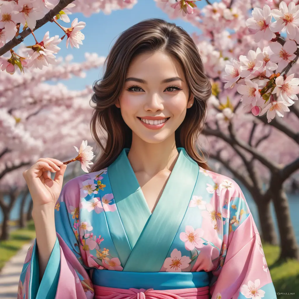 A beautiful woman with a radiant smile, surrounded by blooming cherry blossom trees, wearing a colorful kimono, capturing the essence of spring and renewal in her expression., Highly Detailed, Half Body, Gorgeous, Stunning, Elegant by Stanley Artgerm Lau