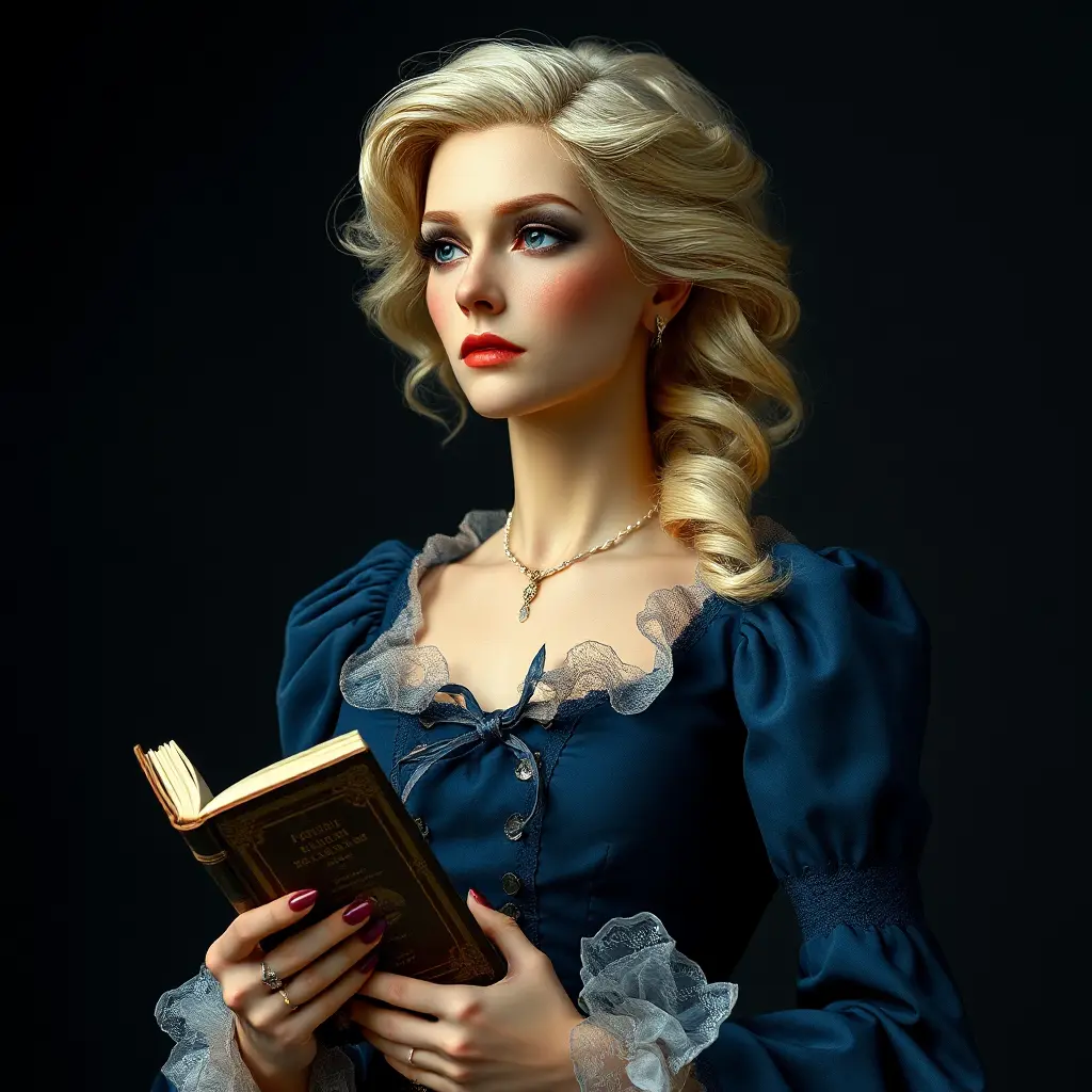 An ageless woman with platinum blonde hair, dressed in a Victorian-style midnight blue gown, holding a vintage book and gazing pensively into the distance, Highly Detailed, Half Body, Gorgeous, Stunning, Elegant by Stanley Artgerm Lau