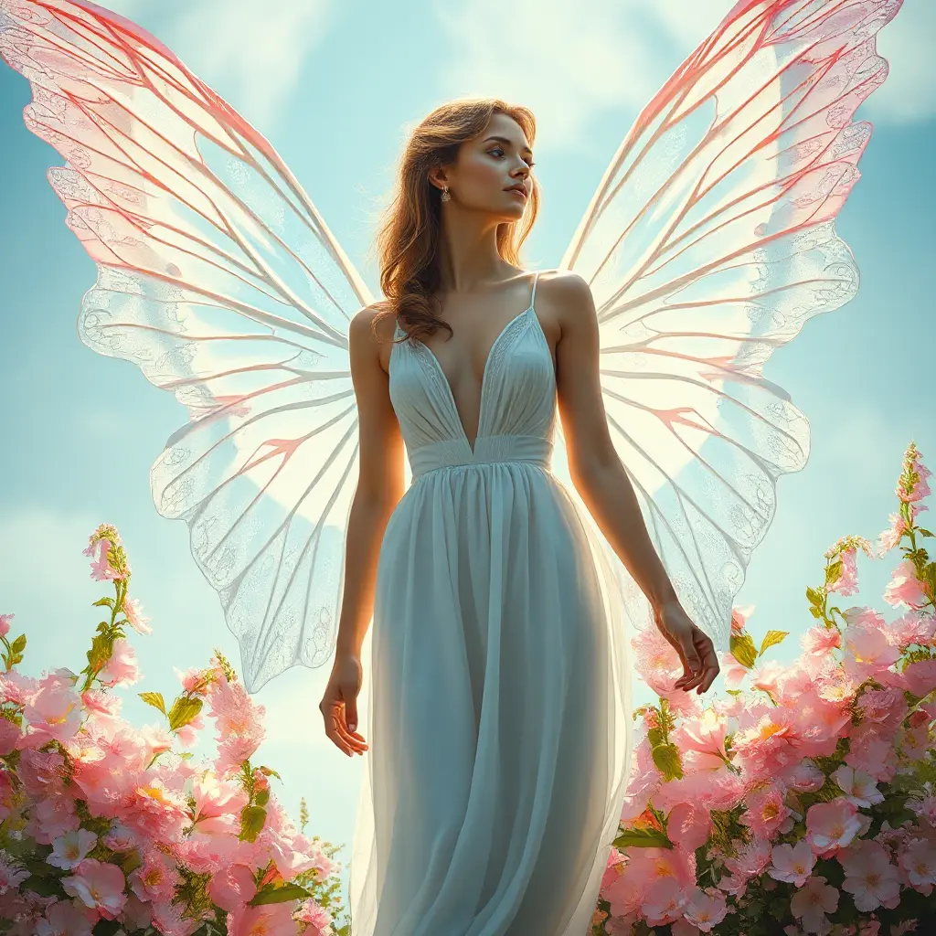 A beautiful woman with wings like a butterfly, surrounded by flowers and sunlight, Highly Detailed, Half Body, Gorgeous, Stunning, Elegant