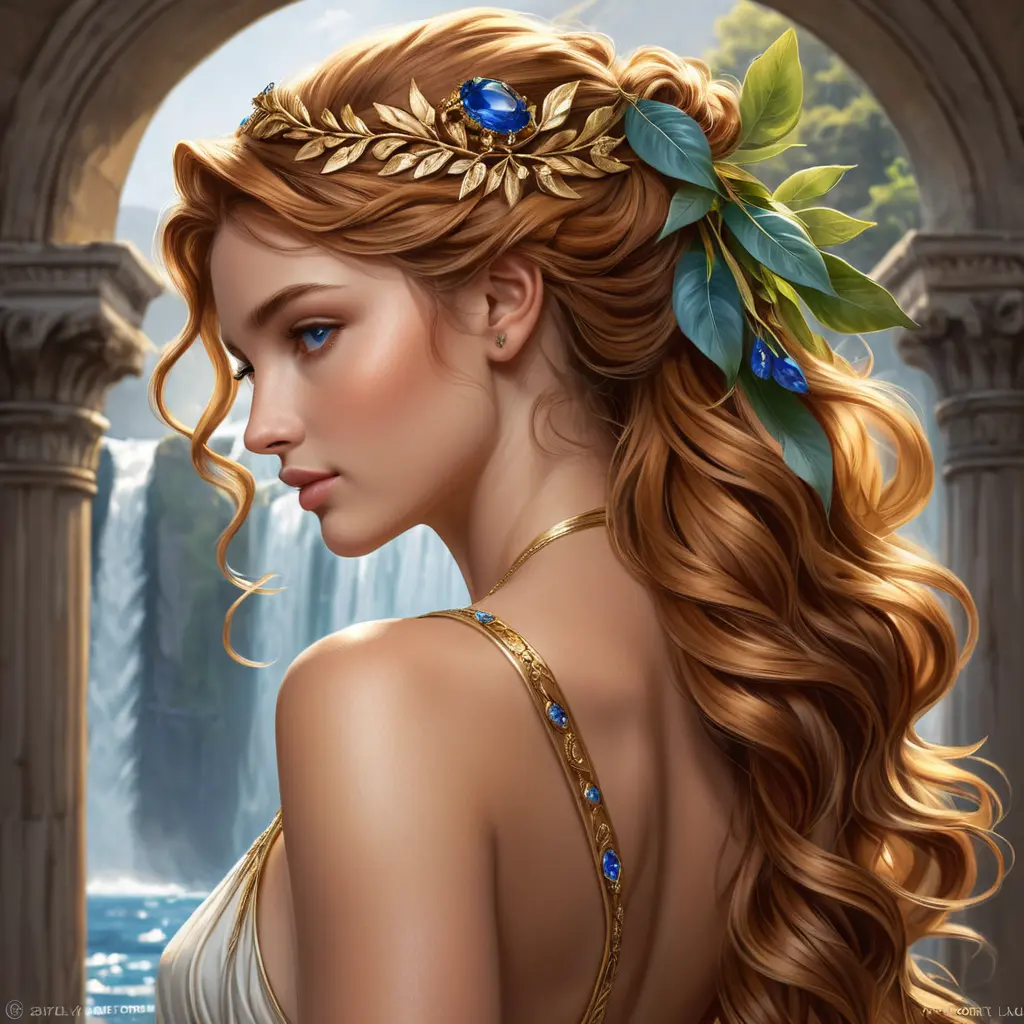 A radiant goddess from ancient Greece, adorned with golden laurels and sapphires, her tawny tresses cascading down her back like a waterfall., Highly Detailed, Half Body, Gorgeous, Stunning, Elegant by Stanley Artgerm Lau