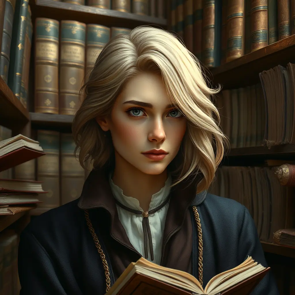 A kind and gentle librarian with a quiet introspection and soft, flaxen hair, surrounded by the musty scent and worn pages of ancient tomes, Highly Detailed, Half Body, Gorgeous, Stunning, Elegant by Stanley Artgerm Lau