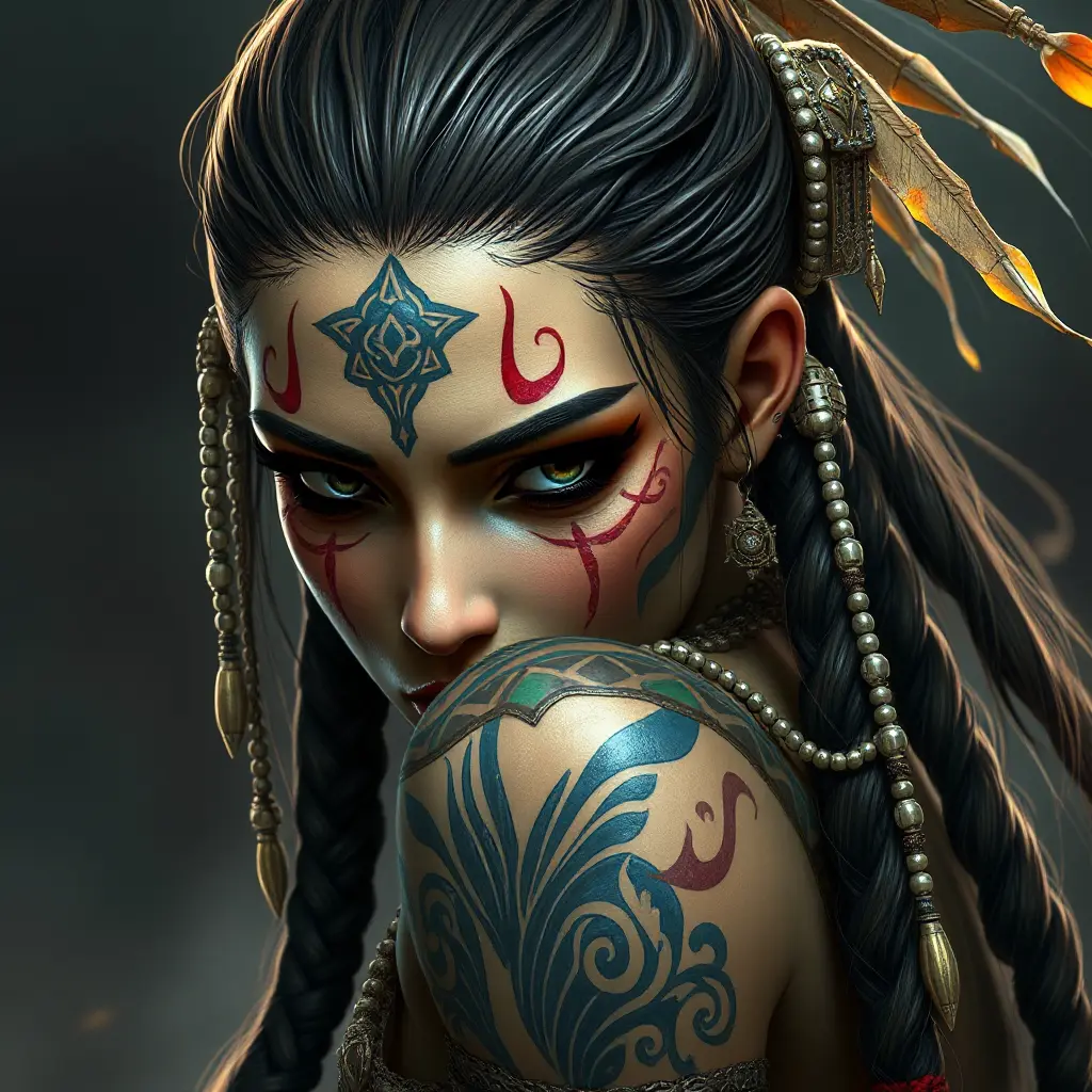 a fierce warrior queen with intricate tattoos and braided hair adorned with beads, her gaze commanding respect, Highly Detailed, Half Body, Gorgeous, Stunning, Elegant by Stanley Artgerm Lau