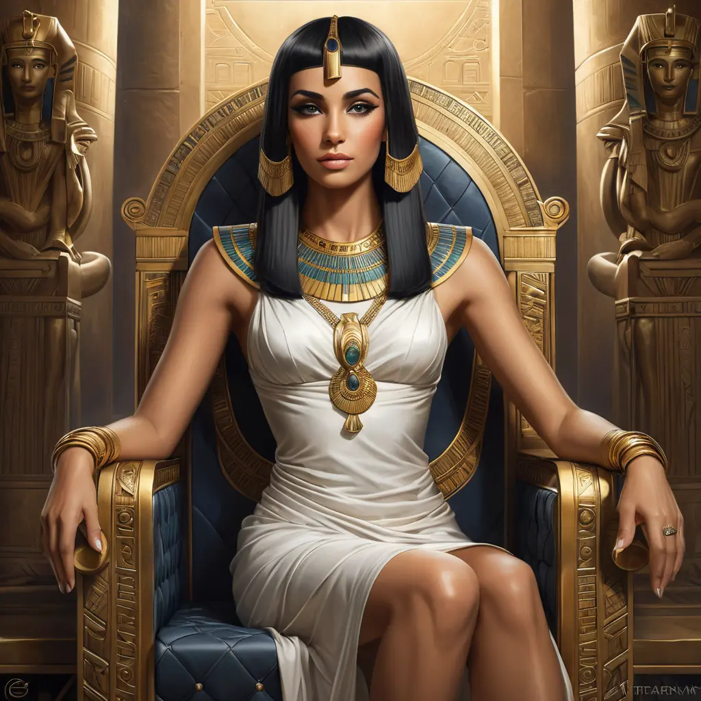 An elegant Cleopatra VII, the last Pharaoh of Ancient Egypt, sitting on her throne, Highly Detailed, Half Body, Gorgeous, Stunning, Elegant by Stanley Artgerm Lau