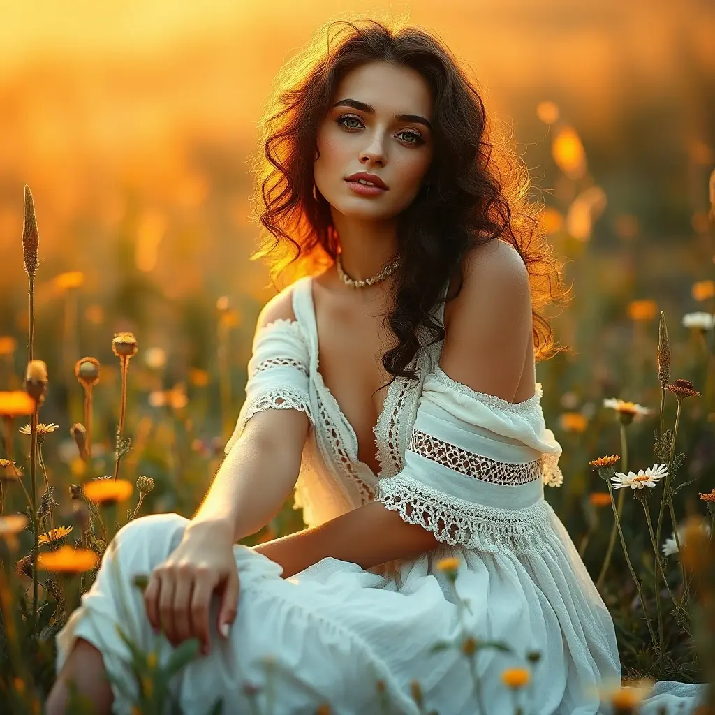 A beautiful woman with dark curly hair, wearing a bohemian dress, sitting in a sunlit meadow filled with wildflowers, soft-focus background, ethereal atmosphere, warm golden tones, natural beauty, Highly Detailed, Half Body, Gorgeous, Stunning, Elegant by Stanley Artgerm Lau