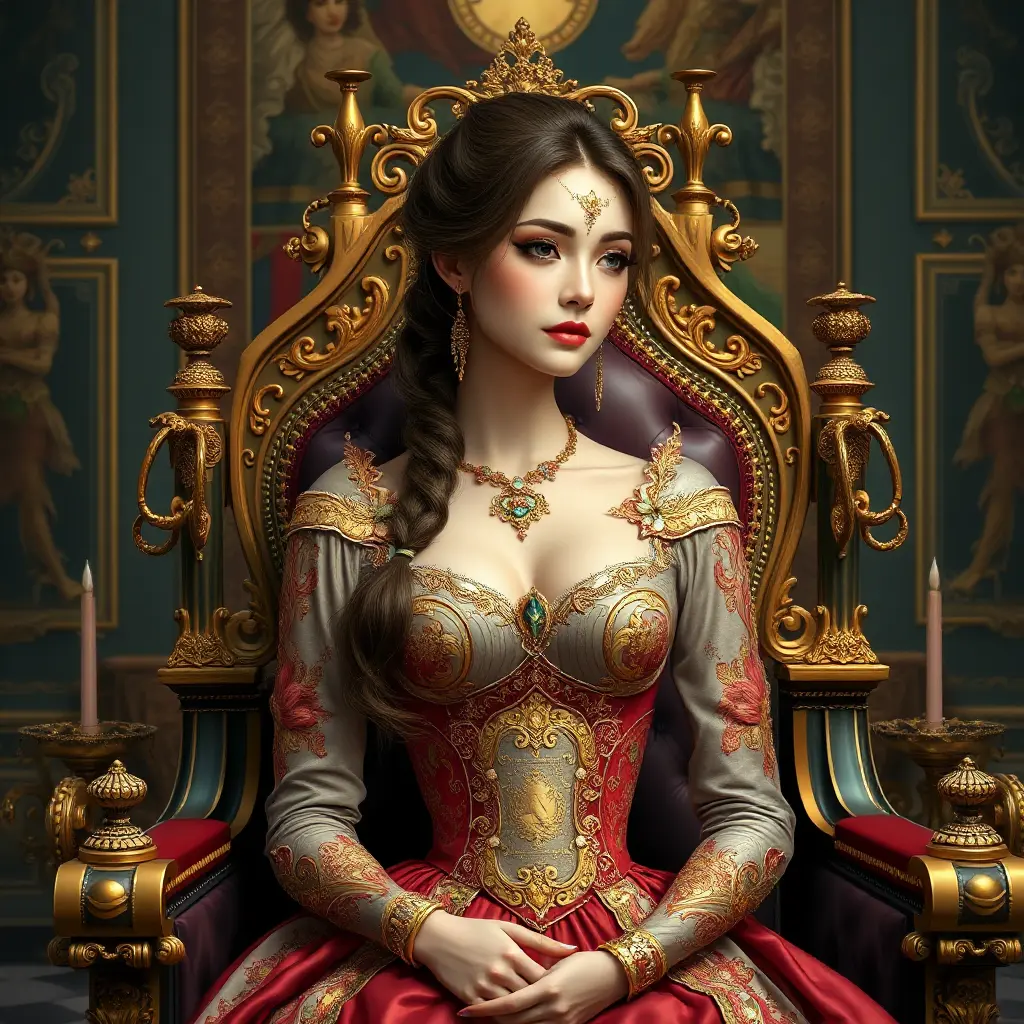 A regal woman with braided updo, wearing an elaborate gown fit for a queen, with gold filigree and rich, deep satin textures, in a grand throne room adorned with tapestries, Highly Detailed, Half Body, Gorgeous, Stunning, Elegant by Stanley Artgerm Lau