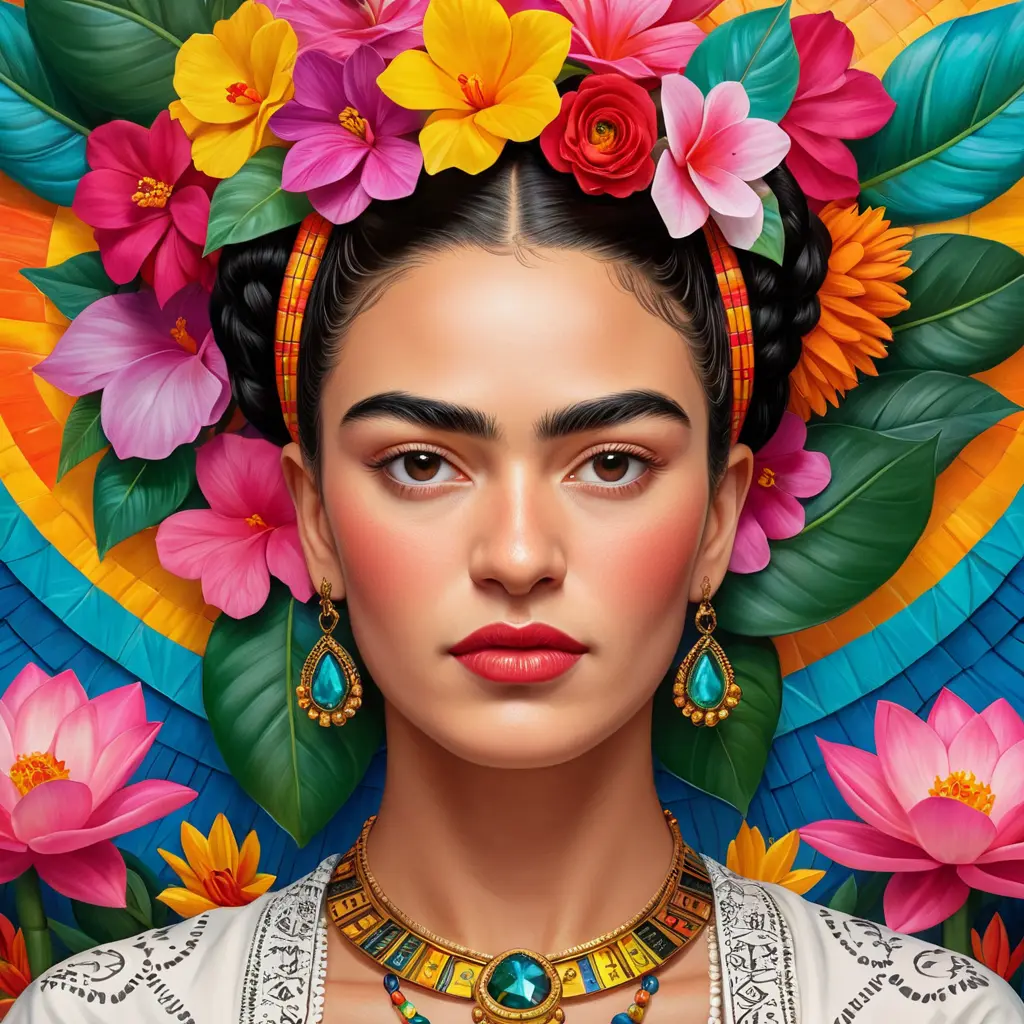 A captivating Frida Kahlo painting come to life, filled with vibrant colors and symbols, Highly Detailed, Half Body, Gorgeous, Stunning, Elegant by Stanley Artgerm Lau