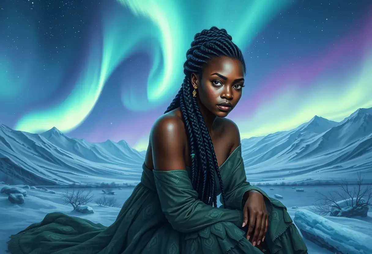 A detailed digital art of a woman with African features and beautiful braided hairstyle, sitting under the Northern Lights, surrounded by snowy landscapes, Highly Detailed, Intricate, Half Body, Realistic