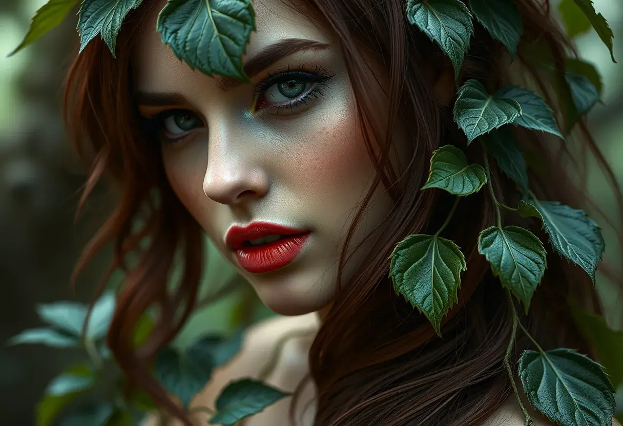 Alluring matte portrait of Poison Ivy in the style of Stefan Kostic, 8k, Highly Detailed, Intricate, Half Body, Matte Painting, Realistic, Sharp Focus, Fantasy by Greg Rutkowski