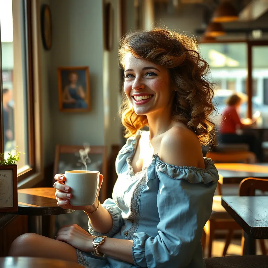 A beautiful woman with freckles and curly hair sitting in a cozy café, her eyes sparkling with laughter, adorned in a cute vintage dress, a steaming cup of coffee in her hands, sunlight streaming through the window., Highly Detailed, Half Body, Gorgeous, Stunning, Elegant by Stanley Artgerm Lau