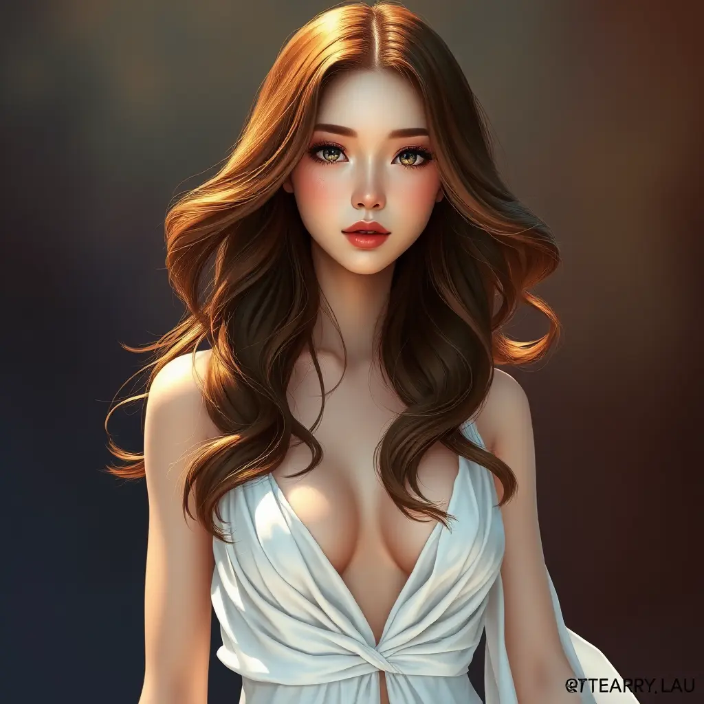 A woman with cascading chestnut brown hair, her eyes sparkling like sapphires, wearing a flowing white dress that catches the light, Highly Detailed, Half Body, Gorgeous, Stunning, Elegant by Stanley Artgerm Lau