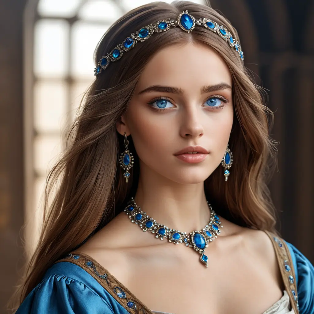 A gorgeous woman inspired by the Renaissance era, with long, straight brown hair and piercing blue eyes, Highly Detailed, Half Body, Gorgeous, Stunning, Elegant