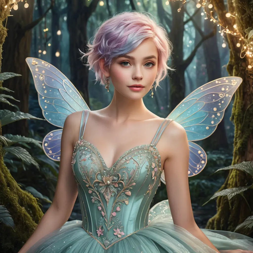 A whimsical woman with pastel-colored pixie hair, wearing a fairy tale-inspired gown with intricate embroidery, in an enchanted forest filled with twinkling lights, Highly Detailed, Half Body, Gorgeous, Stunning, Elegant by Stanley Artgerm Lau