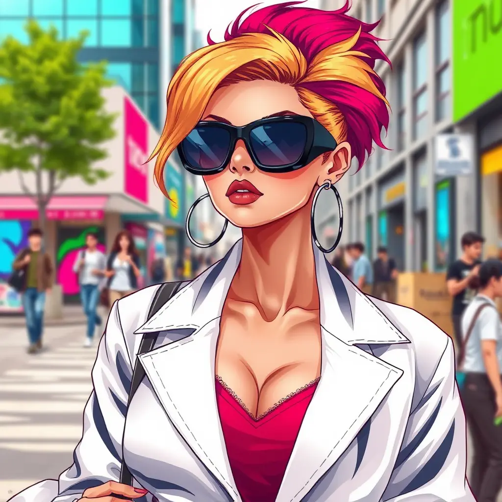 A stylish fashionista in a modern urban setting, sporting a chic outfit and oversized sunglasses, her confident stance and vibrant hairstyle making her the center of attention., Highly Detailed, Half Body, Gorgeous, Stunning, Elegant by Stanley Artgerm Lau