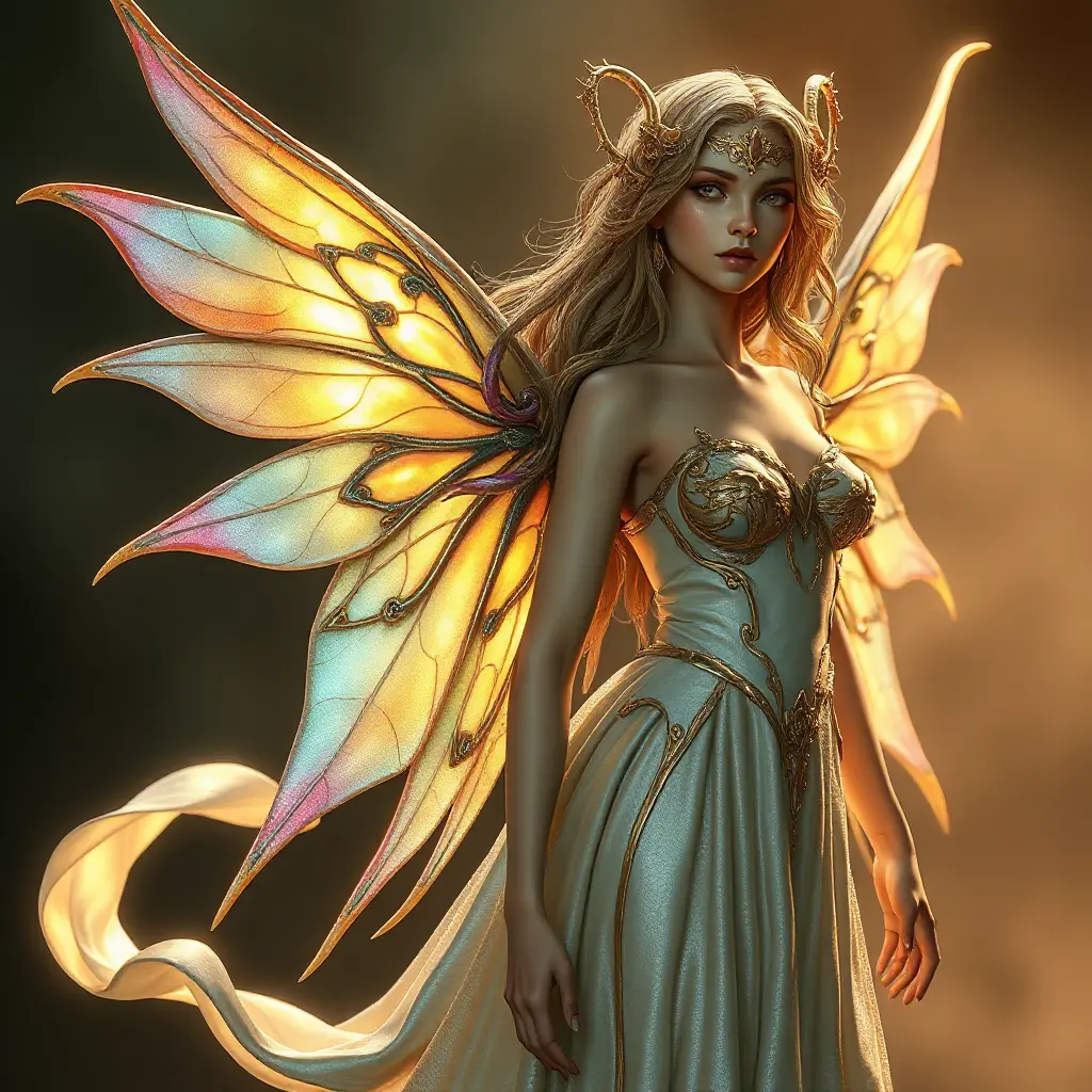 An ethereal fairy from Celtic mythology, wings shimmering with iridescent hues, Highly Detailed, Half Body, Gorgeous, Stunning, Elegant by Stanley Artgerm Lau