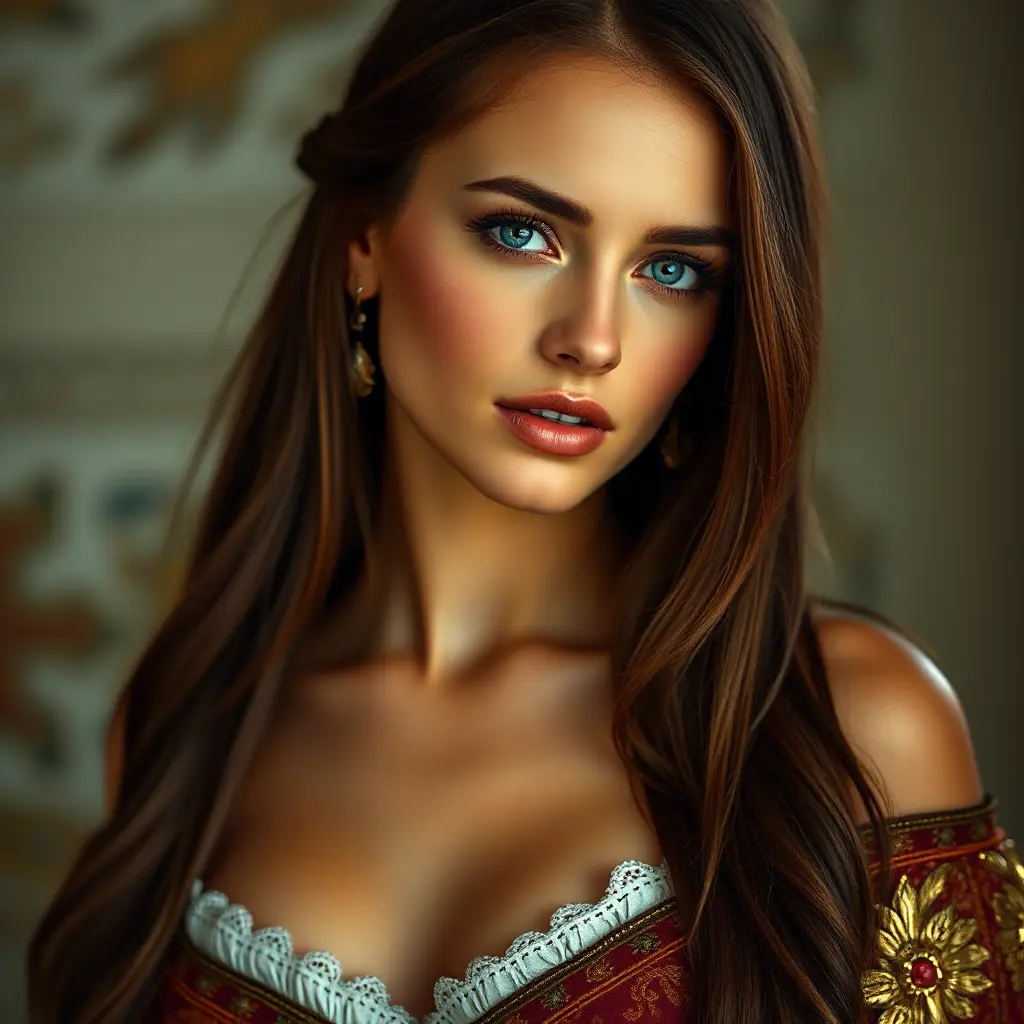 A gorgeous woman inspired by the Renaissance era, with long, straight brown hair and piercing blue eyes, Highly Detailed, Half Body, Gorgeous, Stunning, Elegant