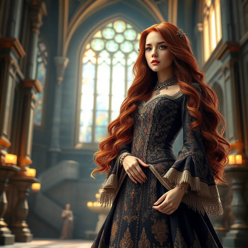 A stunning woman with long red hair, wearing an intricately detailed medieval gown, standing in a grand castle hall, the light streaming through stained glass windows, regal and majestic, Highly Detailed, Half Body, Gorgeous, Stunning, Elegant by Stanley Artgerm Lau