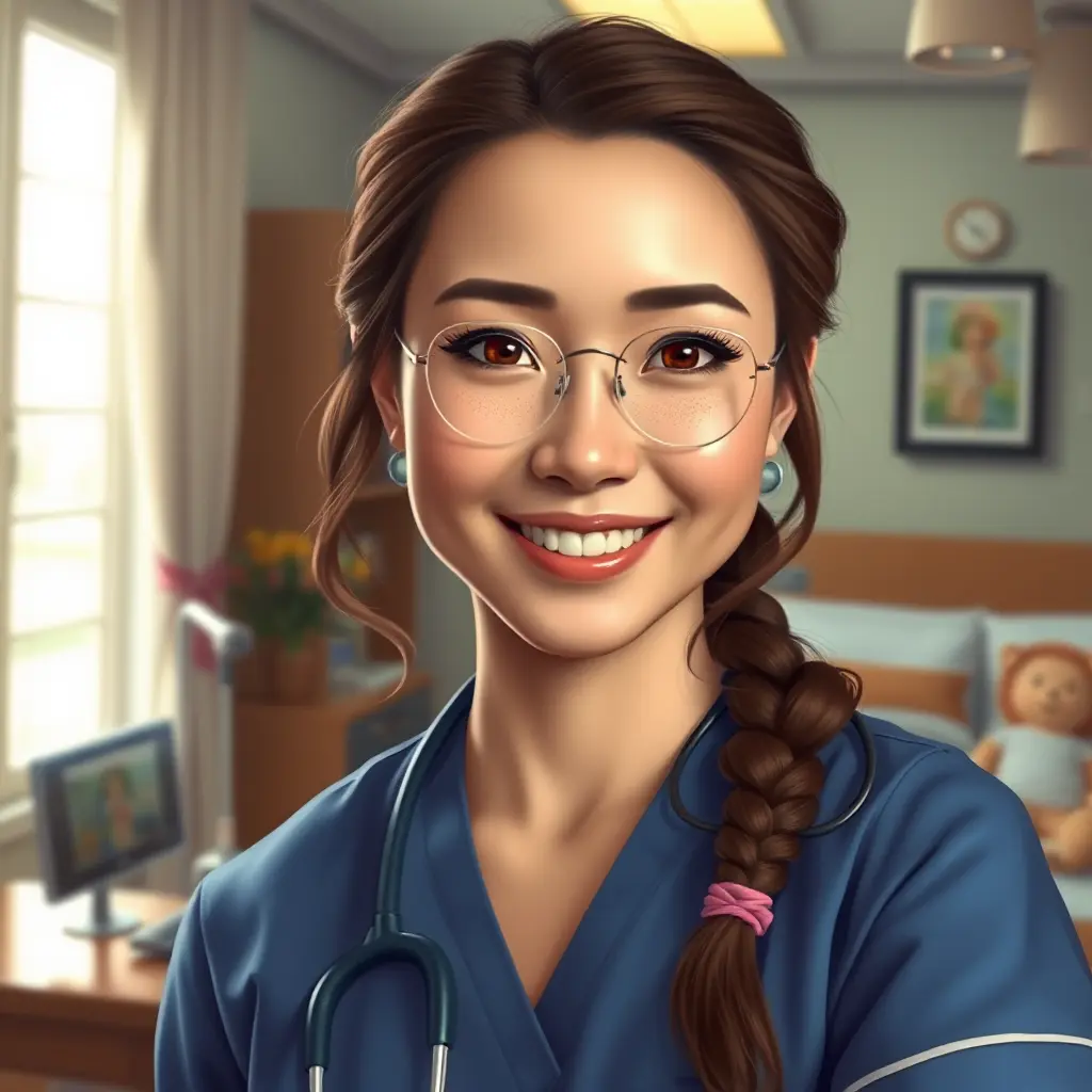 A gentle and compassionate nurse with a kind smile and warm, honey-brown eyes, set against a cozy and intimate hospital room, Highly Detailed, Half Body, Gorgeous, Stunning, Elegant by Stanley Artgerm Lau