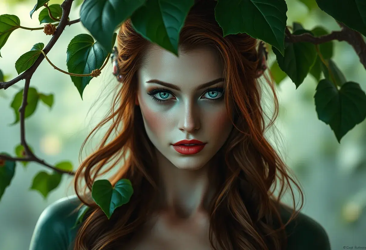 Alluring matte portrait of Poison Ivy in the style of Stefan Kostic, 8k, Highly Detailed, Intricate, Half Body, Matte Painting, Realistic, Sharp Focus, Fantasy by Greg Rutkowski