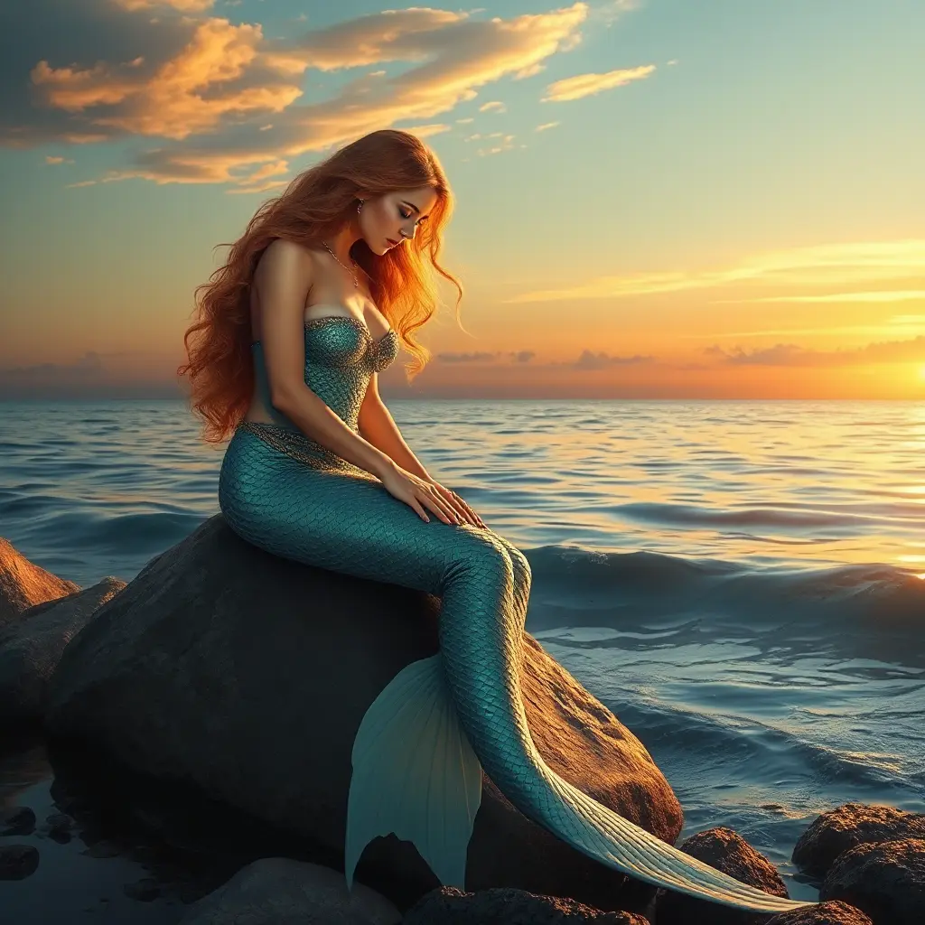 A mystical mermaid sitting on a rock by the shore at sunset, Highly Detailed, Half Body, Gorgeous, Stunning, Elegant by Stanley Artgerm Lau