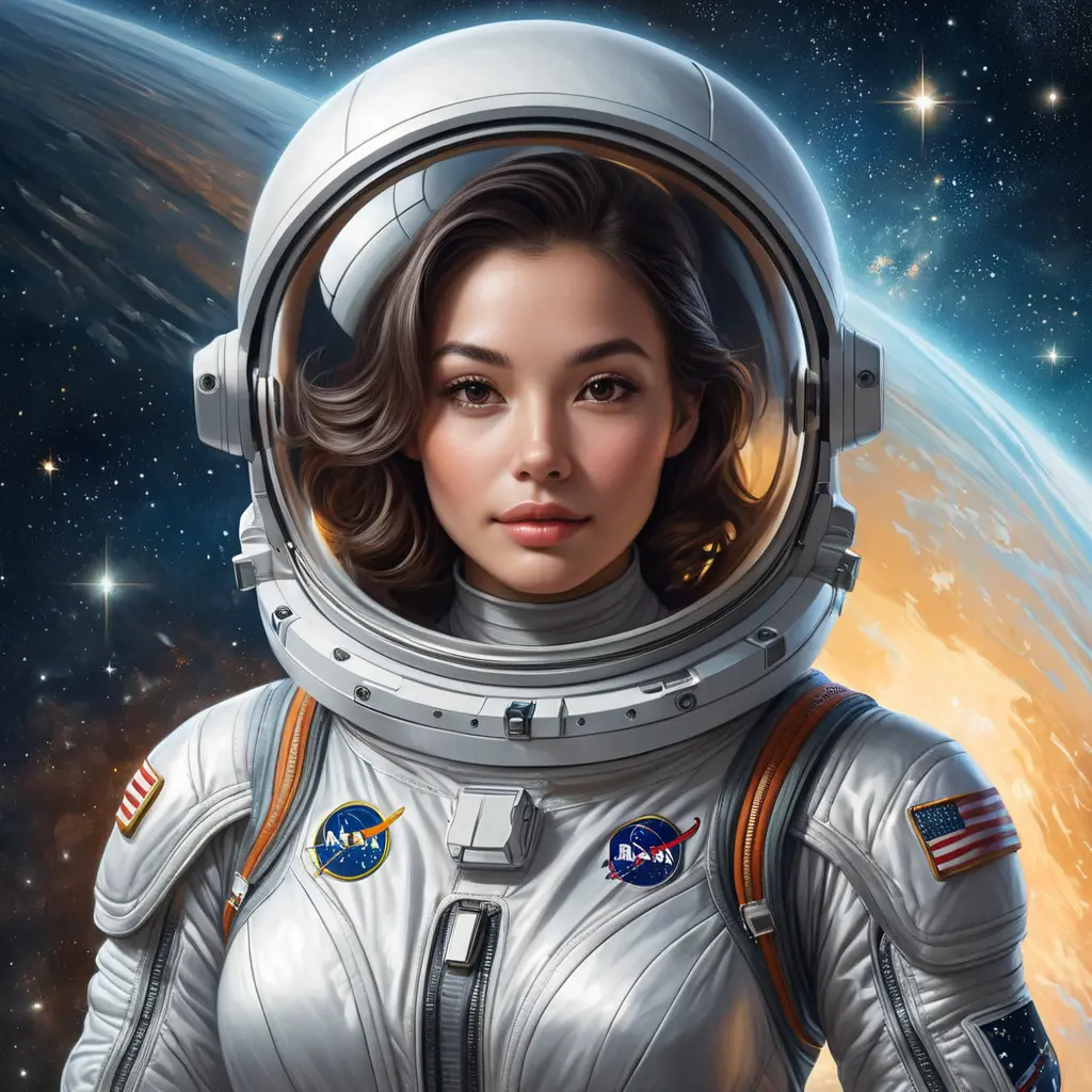 A confident astronaut floating among stars, wearing a spacesuit designed like a ball gown, Highly Detailed, Half Body, Gorgeous, Stunning, Elegant by Stanley Artgerm Lau