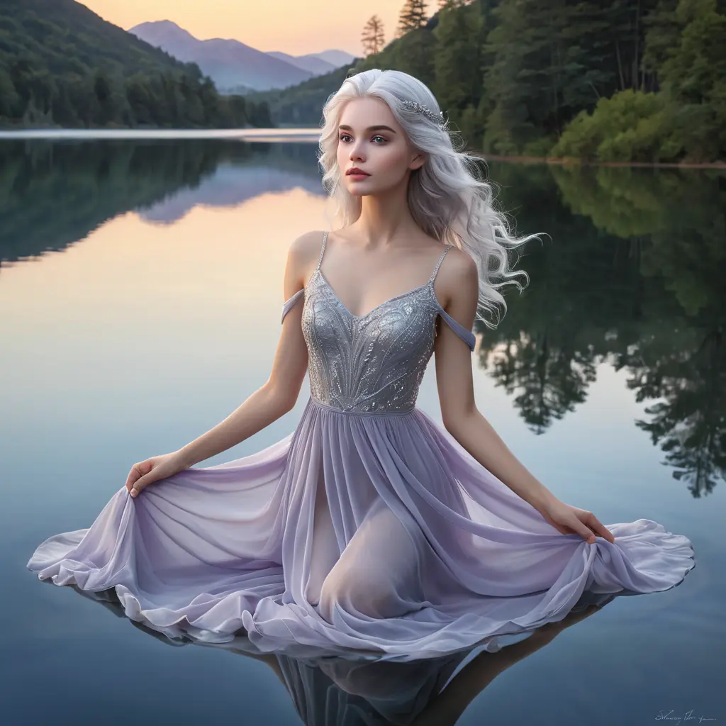 An ethereal woman with silver-white hair, soft violet eyes, and an airy chiffon dress, floating gracefully above a tranquil, mirror-like lake at twilight, Highly Detailed, Half Body, Gorgeous, Stunning, Elegant by Stanley Artgerm Lau