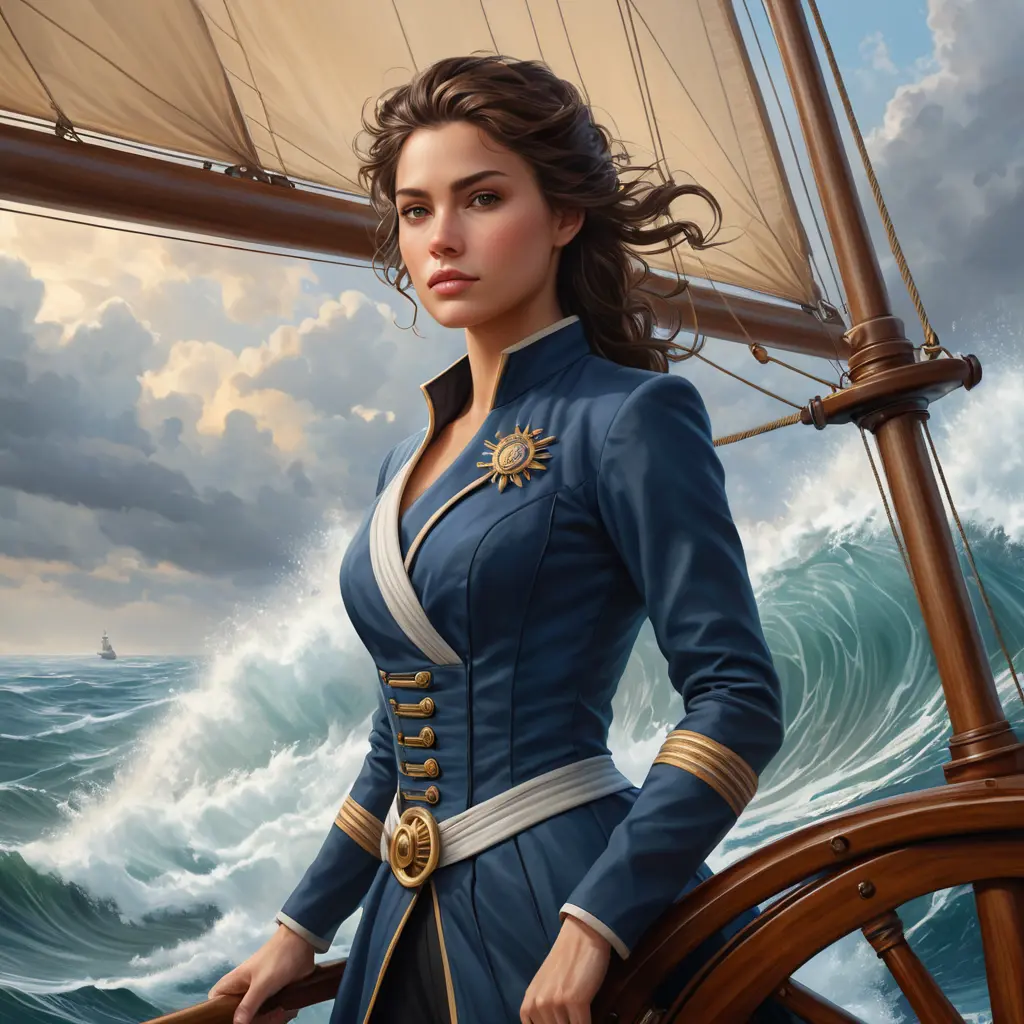 A woman of strength and determination, standing at the helm of a ship as it cuts through turbulent waters, navigating the challenges of life with courage and resilience., Highly Detailed, Half Body, Gorgeous, Stunning, Elegant by Stanley Artgerm Lau