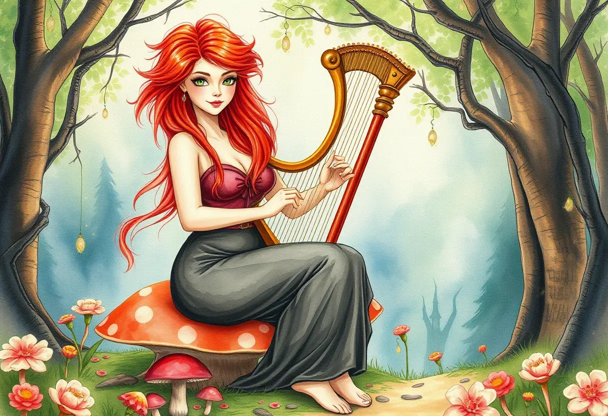 A whimsical watercolor painting of a curvy woman with fiery red hair and green eyes, playing the harp while sitting on a mushroom in a magical woodland clearing, Highly Detailed, Intricate, Half Body, Realistic