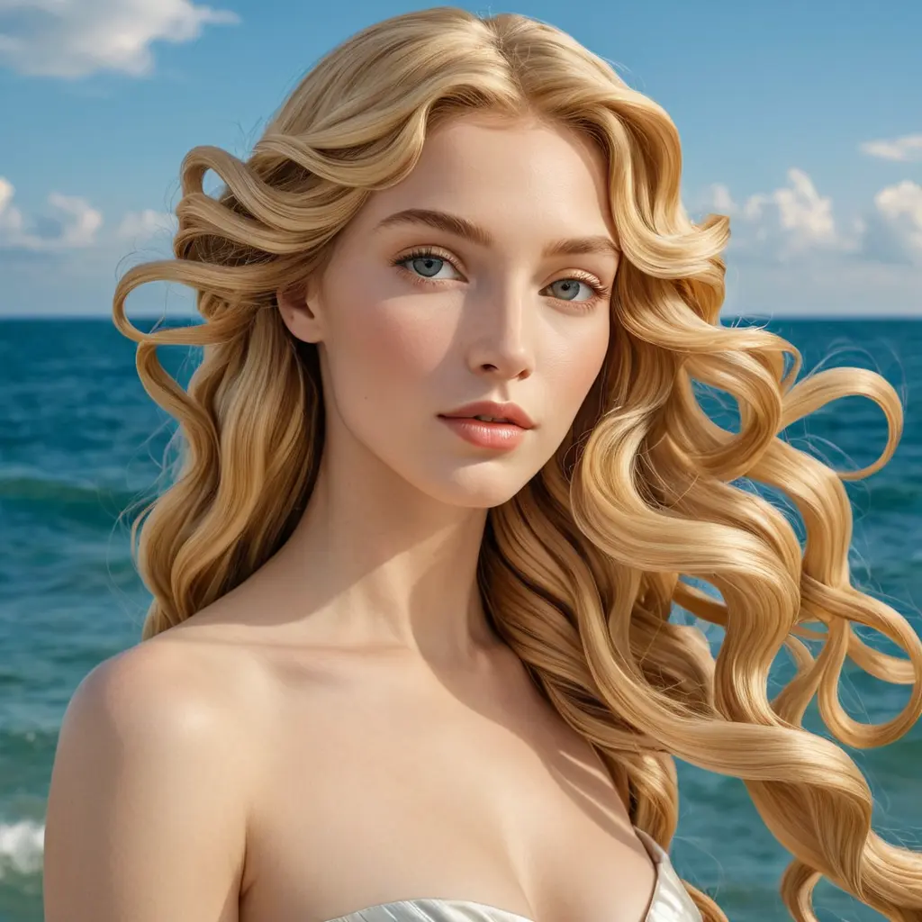 A beautiful woman inspired by the style of Botticelli's 'The Birth of Venus', with golden skin and flowing blonde hair, Highly Detailed, Half Body, Gorgeous, Stunning, Elegant