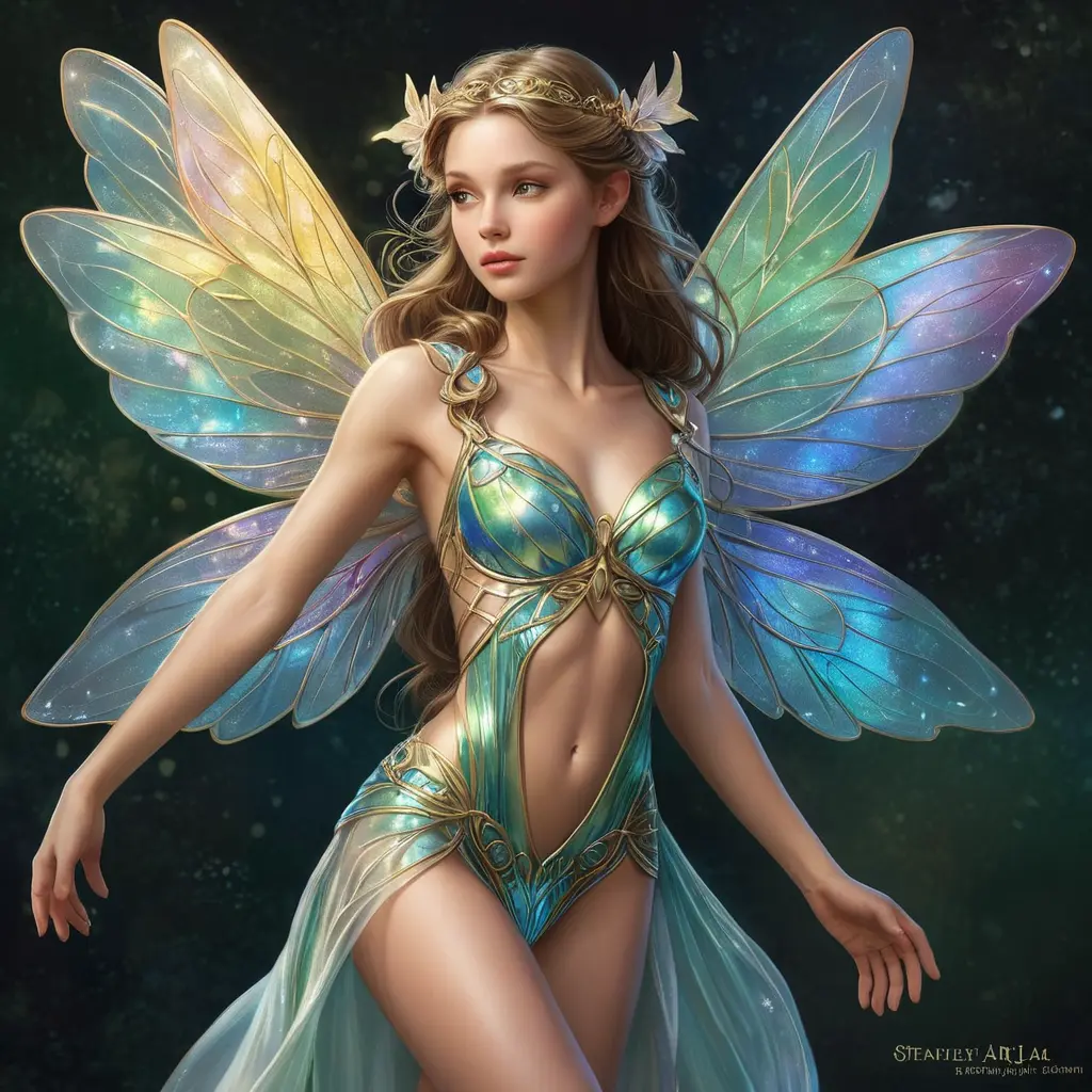 An ethereal fairy from Celtic mythology, wings shimmering with iridescent hues, Highly Detailed, Half Body, Gorgeous, Stunning, Elegant by Stanley Artgerm Lau