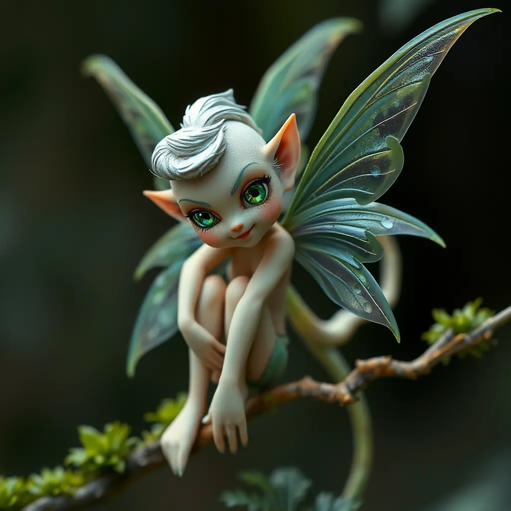 a mischievous fairy with delicate wings and sparkling emerald eyes, perched on a mossy branch, Highly Detailed, Half Body, Gorgeous, Stunning, Elegant by Stanley Artgerm Lau