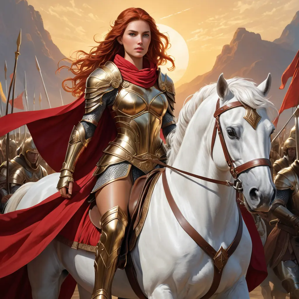 A powerful depiction of a warrior queen with sun-kissed skin and fiery bronze hair, astride a magnificent white steed, leading her army into battle, clad in gleaming armor and a crimson cloak., Highly Detailed, Half Body, Gorgeous, Stunning, Elegant by Stanley Artgerm Lau