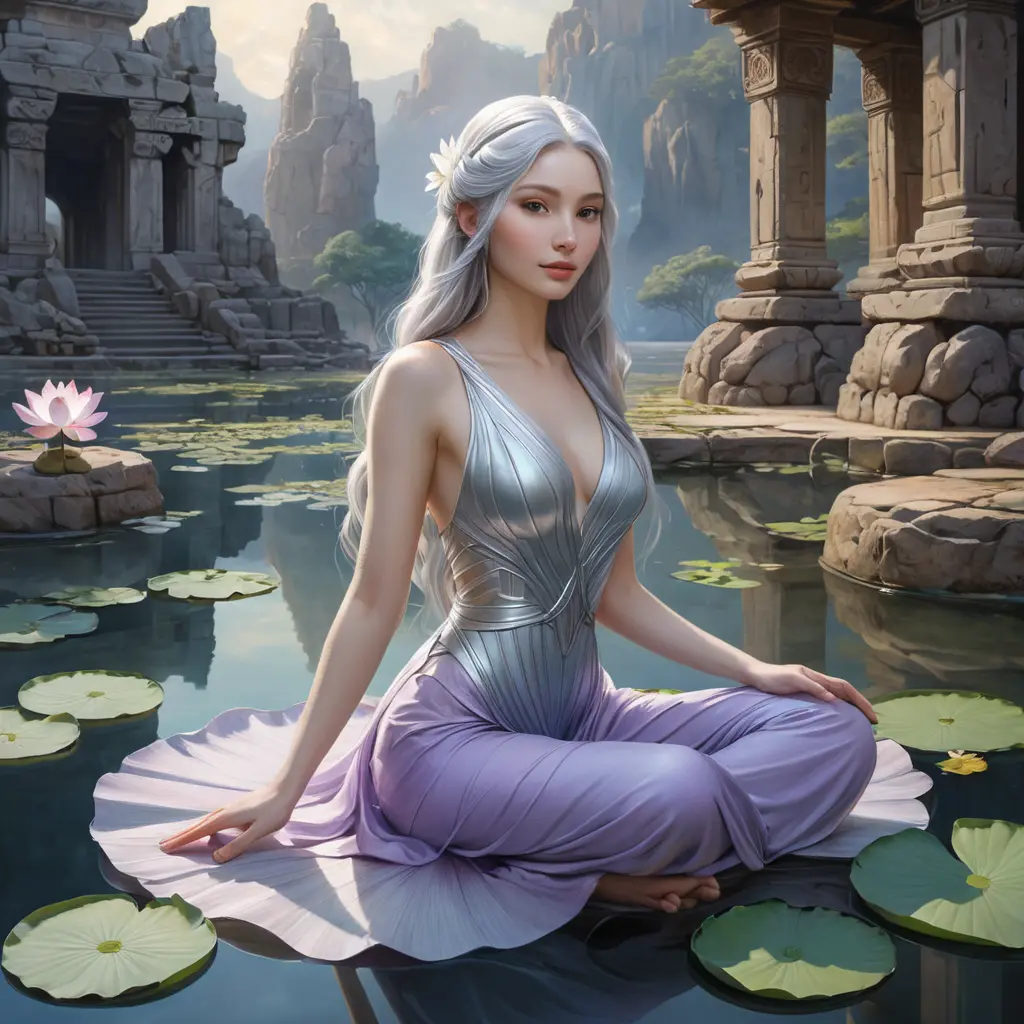 A serene depiction of a woman with pale lavender skin and flowing silver hair, sitting lotus-positioned atop a tranquil lotus flower in an otherworldly, bioluminescent pond, surrounded by ancient stone ruins., Highly Detailed, Half Body, Gorgeous, Stunning, Elegant by Stanley Artgerm Lau