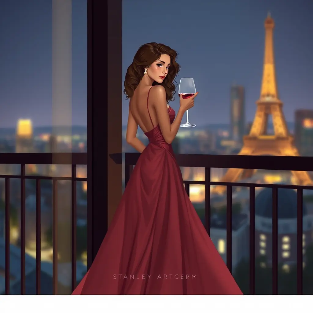 A graceful figure, dressed in an elegant evening gown, taking a moment of solitude on a balcony overlooking the city lights, a glass of wine in hand and a thoughtful expression on her face., Highly Detailed, Half Body, Gorgeous, Stunning, Elegant by Stanley Artgerm Lau