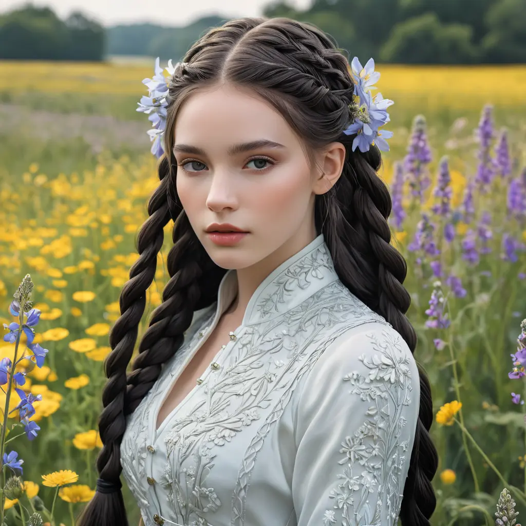 an ethereal beauty with porcelain skin and long, dark braids, standing amidst a field of wildflowers, Highly Detailed, Half Body, Gorgeous, Stunning, Elegant by Stanley Artgerm Lau