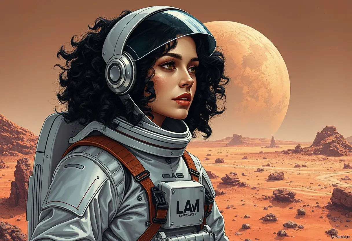 A retro-futuristic illustration of a woman with curly black hair and dark features, wearing a stylish silver spacesuit, exploring Mars' surface, Highly Detailed, Intricate, Half Body, Realistic