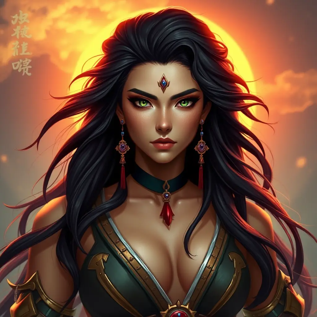 A strong and regal warrior queen with piercing emerald eyes and raven-black hair, set against a fiery sunset, Highly Detailed, Half Body, Gorgeous, Stunning, Elegant by Stanley Artgerm Lau