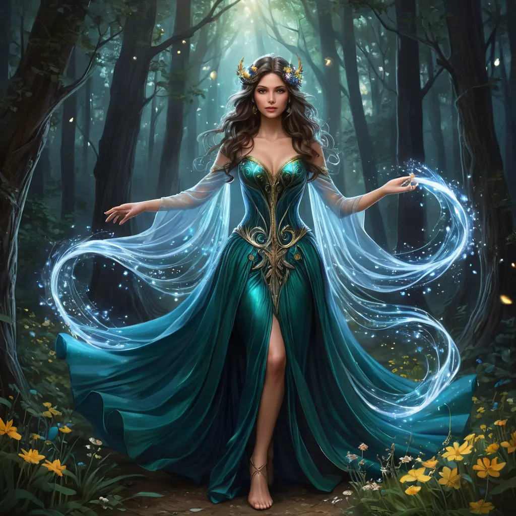 A mystical sorceress in a dark forest, her luminescent gown shimmering with magic, wildflowers blooming at her feet, casting spells as swirling lights dance around her., Highly Detailed, Half Body, Gorgeous, Stunning, Elegant by Stanley Artgerm Lau