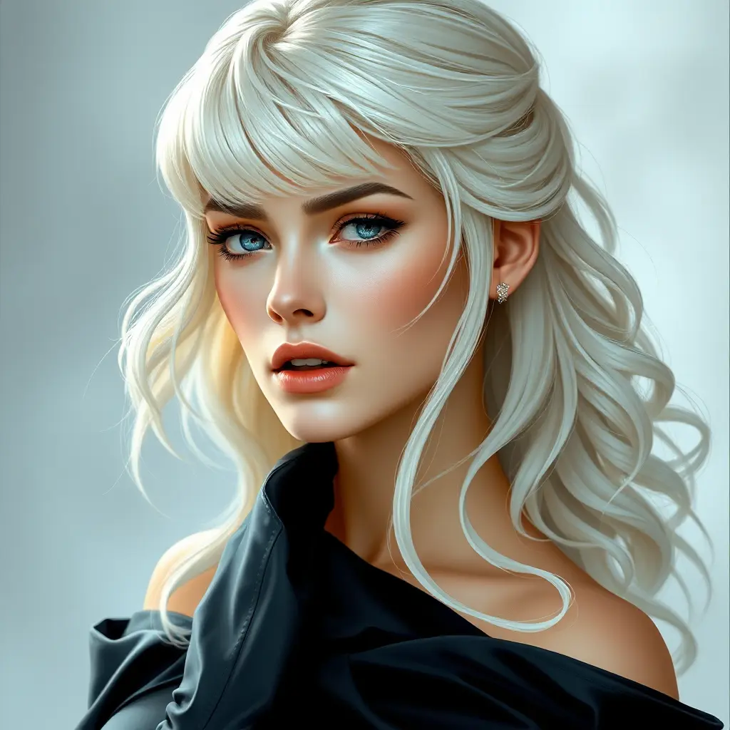 A mesmerizingly beautiful woman with platinum blonde hair, icy blue eyes, and a regal bearing, exuding power and sophistication, Highly Detailed, Half Body, Gorgeous, Stunning, Elegant by Stanley Artgerm Lau