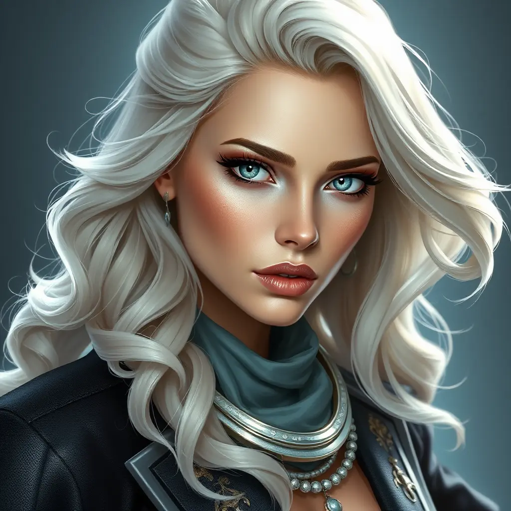 A mesmerizingly beautiful woman with platinum blonde hair, icy blue eyes, and a regal bearing, exuding power and sophistication, Highly Detailed, Half Body, Gorgeous, Stunning, Elegant by Stanley Artgerm Lau